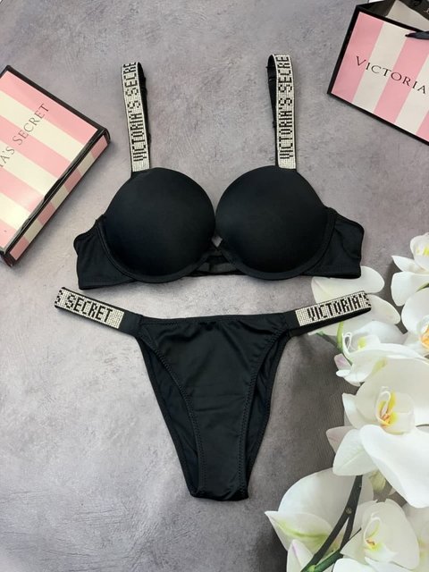 Комплект женский Victoria’s Secret Model Rhinestone топ+трусики Черный kk001 20326 фото